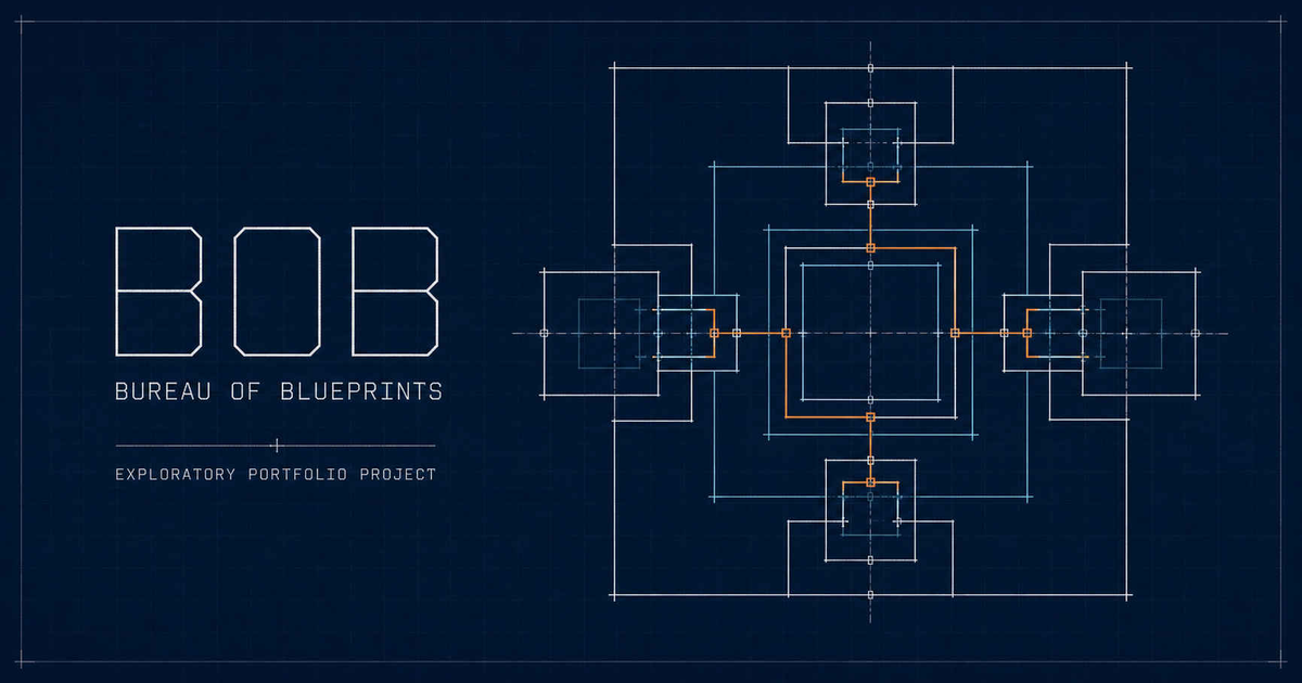 BOB wordmark and a geometric system diagram on dark blue drafting paper